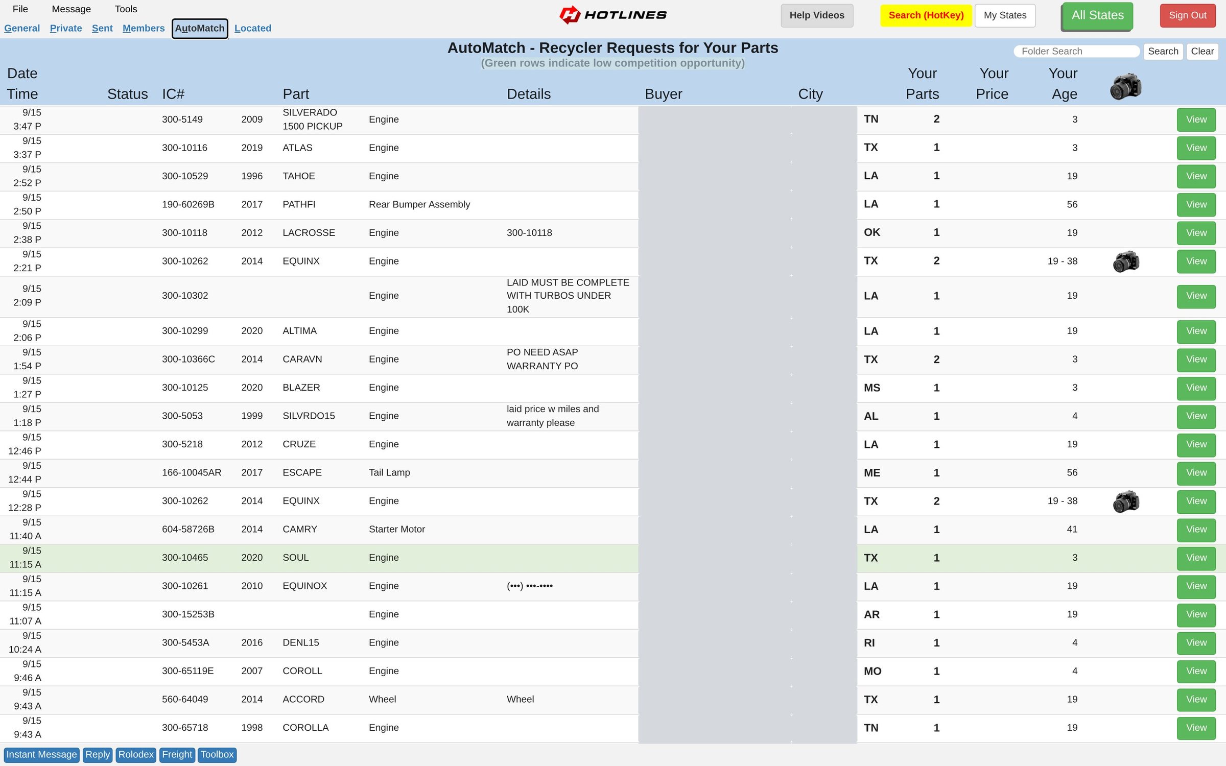 AutoMatch: recycler requests for your parts with interchange number, year, model, part, state, your part count and age