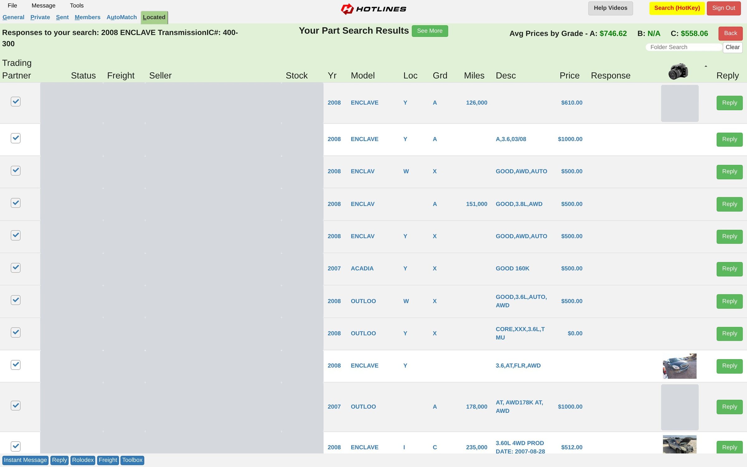Search results for a 2008 Enclave transmission: average prices by grade and member yards with the part, their grade, miles, price, photos and Reply buttons