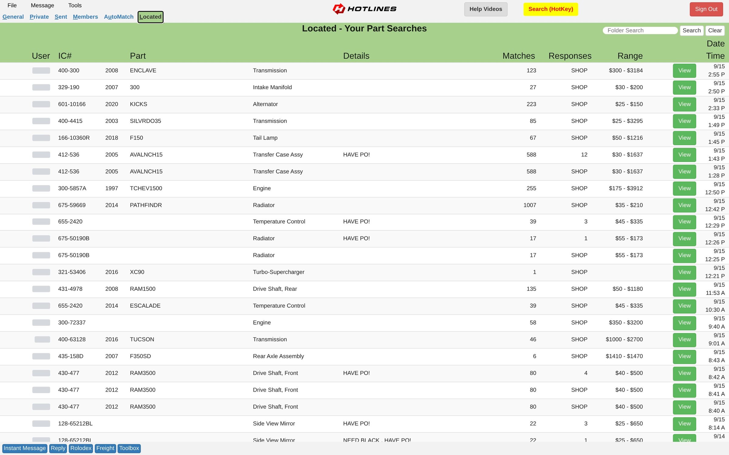 Located, your part searches: interchange number, year, model and part with the number of matches, responses and the price range for each search