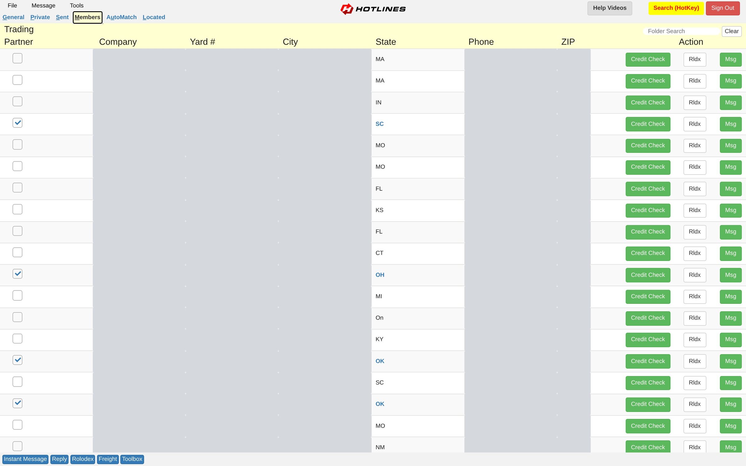 Members directory with trading partner checkboxes, state, and Credit Check, Rolodex and Msg buttons