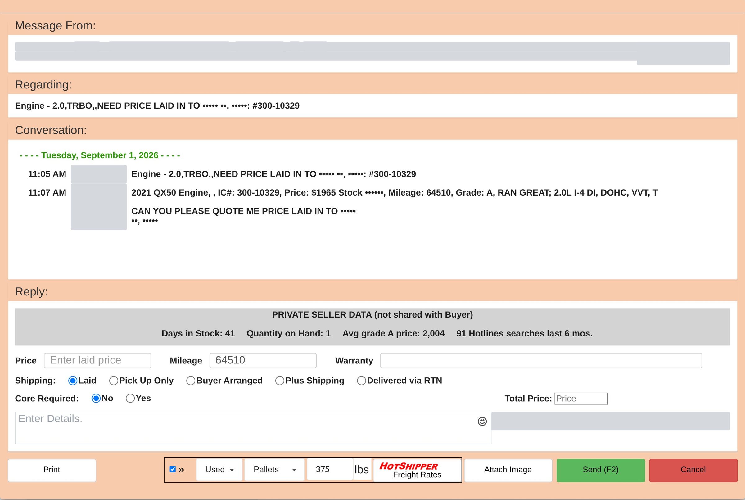 A private message thread about an engine, with the reply form showing private seller data, price, mileage, warranty, shipping options and HotShipper freight rates